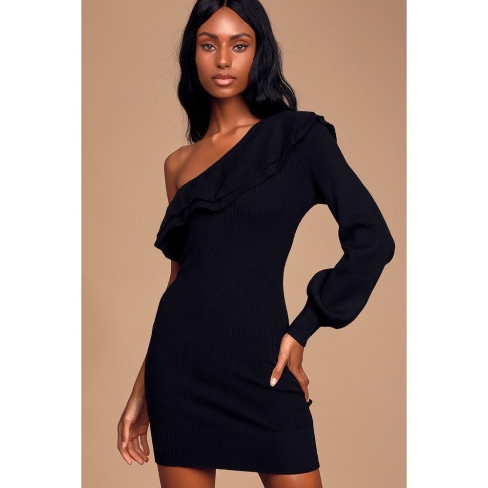 Lulus Sweet Kisses Black Ruffled One-shoulder Bodycon Sweater Dress - Size S
